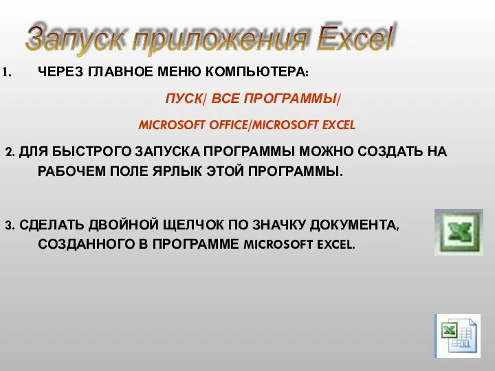 ЧЕРЕЗ ГЛАВНОЕ МЕНЮ КОМПЬЮТЕРА: ПУСК/ ВСЕ ПРОГРАММЫ/ MICROSOFT OFFICE/MICROSOFT EXCEL