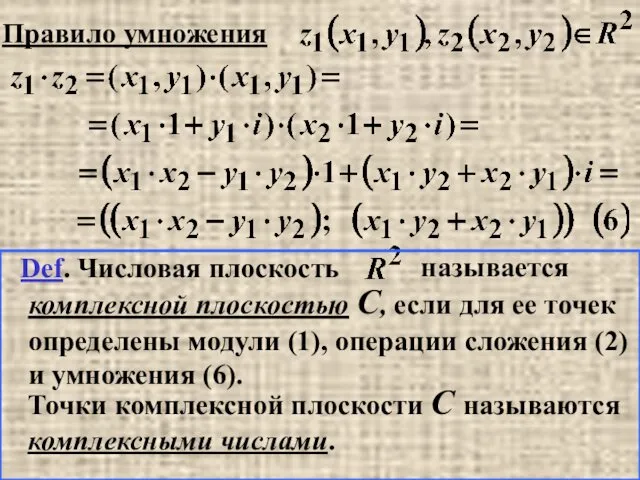 Правило умножения Def. Числовая плоскость называется комплексной плоскостью C, если