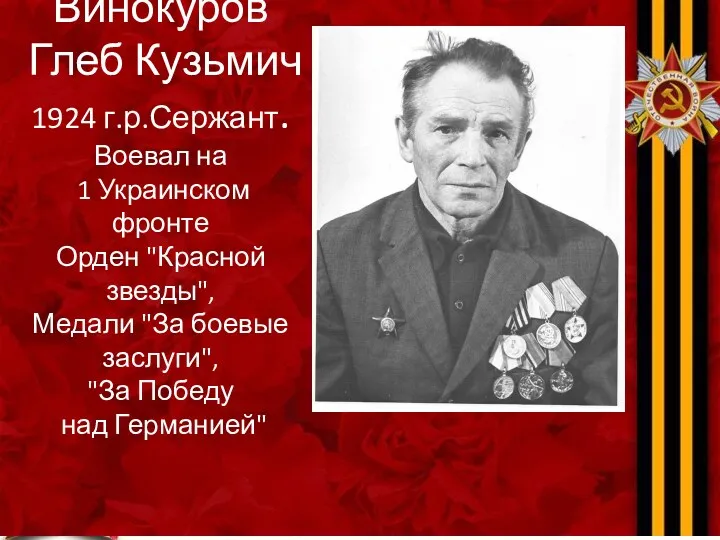Винокуров Глеб Кузьмич 1924 г.р.Сержант. Воевал на 1 Украинском фронте