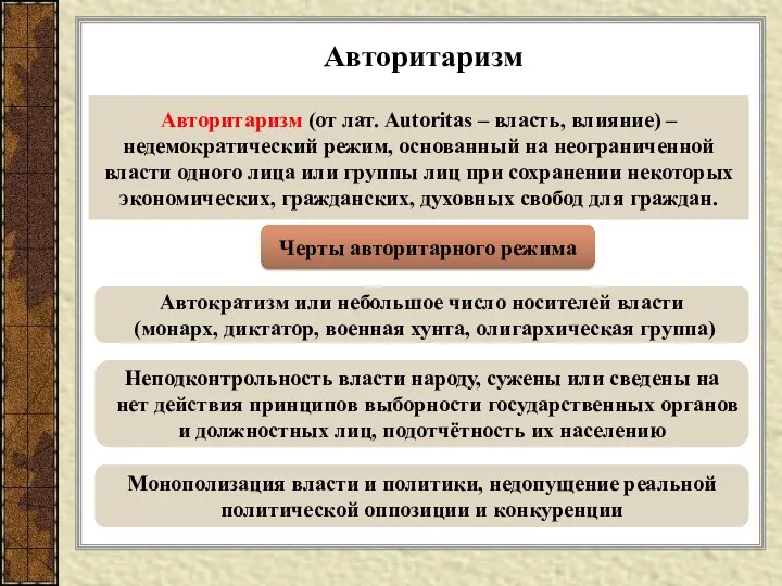 Авторитаризм Авторитаризм (от лат. Autoritas – власть, влияние) – недемократический