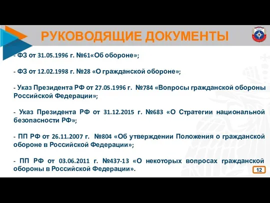 РУКОВОДЯЩИЕ ДОКУМЕНТЫ - ФЗ от 31.05.1996 г. №61«Об обороне»; -