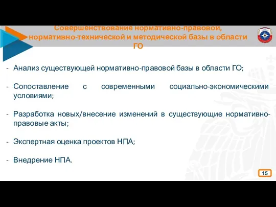 Совершенствование нормативно-правовой, нормативно-технической и методической базы в области ГО 15