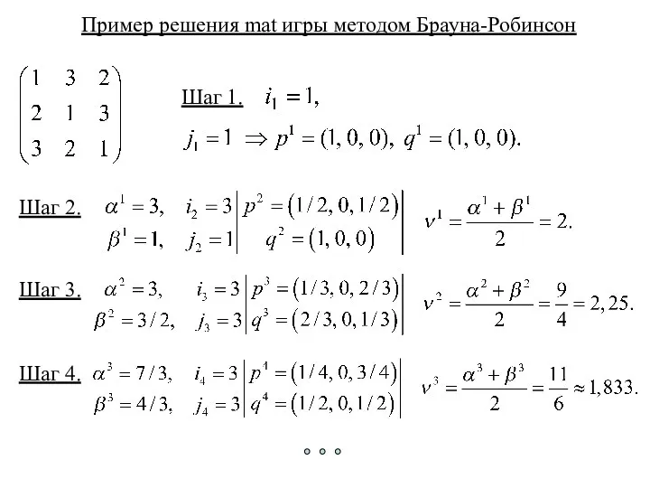 Пример решения mat игры методом Брауна-Робинсон Шаг 1. Шаг 2. Шаг 3. Шаг 4.