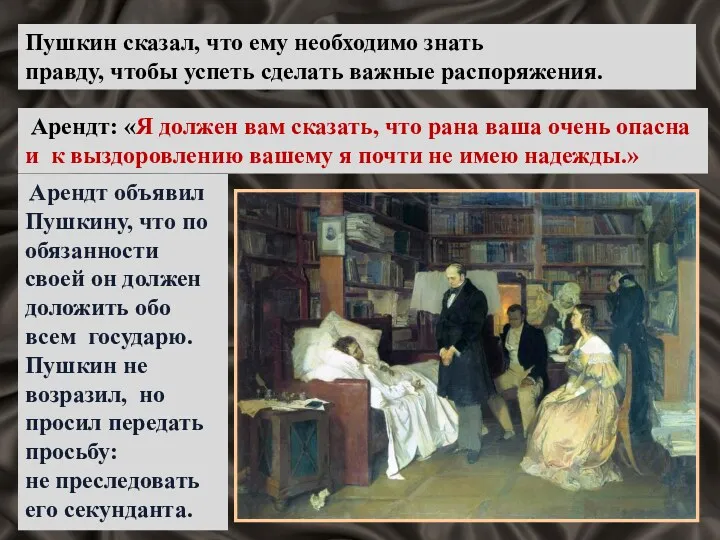 Арендт объявил Пушкину, что по обязанности своей он должен доложить обо всем государю.