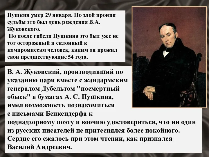 Пушкин умер 29 января. По злой иронии судьбы это был день рождения В.А.