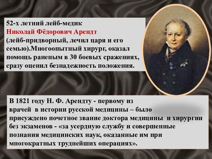 52-х летний лейб-медик Николай Фёдорович Арендт (лейб-придворный, лечил царя и его семью).Многоопытный хирург,