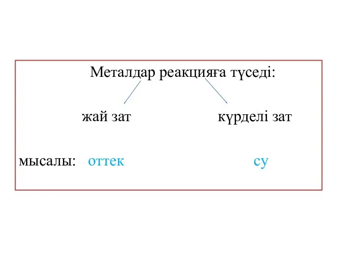 Металдар реакцияға түседі: жай зат күрделі зат мысалы: оттек су