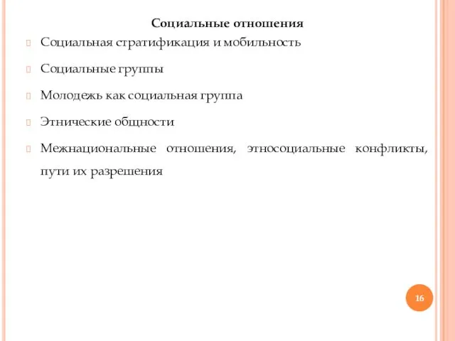 Социальные отношения Социальная стратификация и мобильность Социальные группы Молодежь как