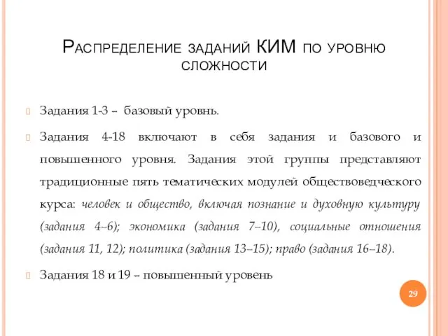 Распределение заданий КИМ по уровню сложности Задания 1-3 – базовый