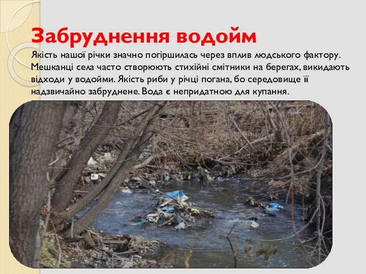 Забруднення водойм Якість нашої річки значно погіршилась через вплив людського фактору. Мешканці села
