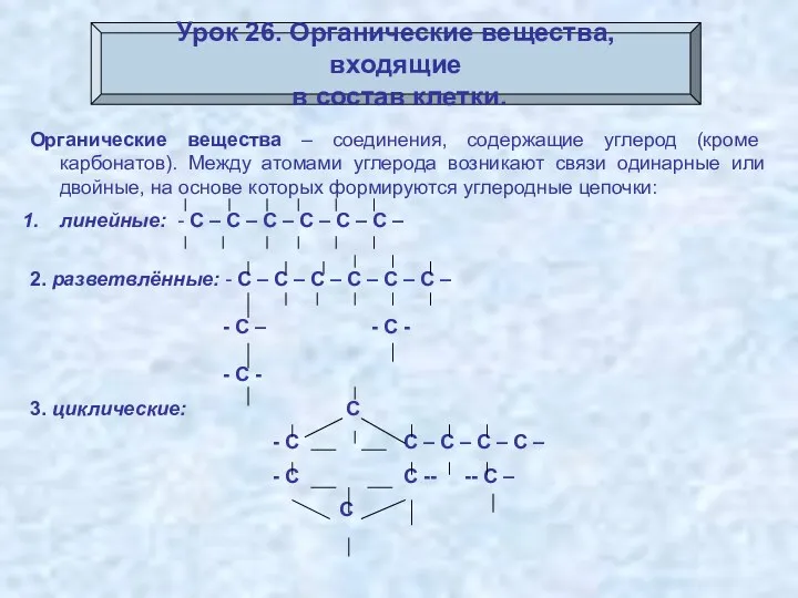 Урок 26. Органические вещества, входящие в состав клетки. Органические вещества – соединения, содержащие