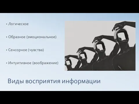 Виды восприятия информации Логическое Образное (эмоциональное) Сенсорное (чувства) Интуитивное (воображение)