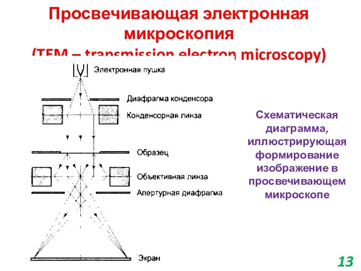 Просвечивающая электронная микроскопия (TEM – transmission electron microscopy) Схематическая диаграмма,