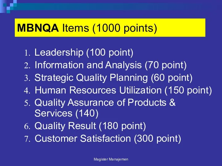 MBNQA Items (1000 points) Leadership (100 point) Information and Analysis