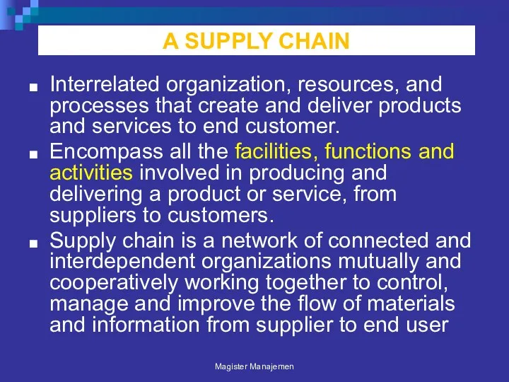 A SUPPLY CHAIN Interrelated organization, resources, and processes that create