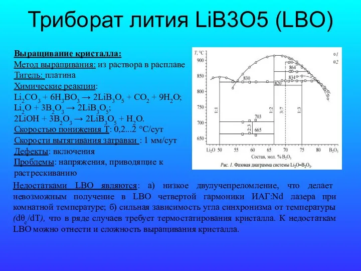 Триборат лития LiB3O5 (LBO) Выращивание кристалла: Метод выращивания: из раствора