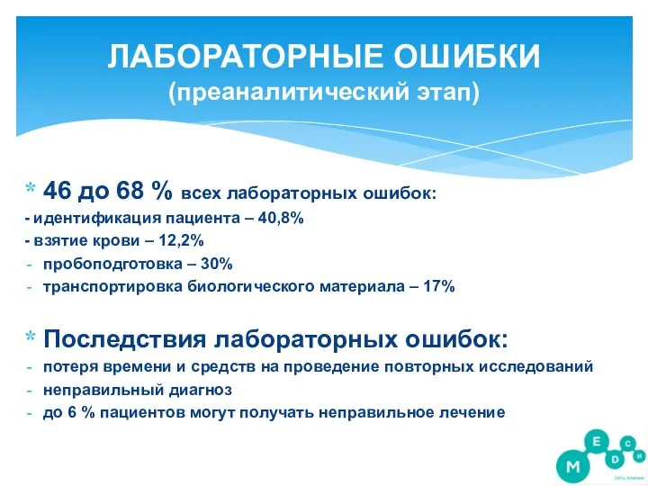 ЛАБОРАТОРНЫЕ ОШИБКИ (преаналитический этап) 46 до 68 % всех лабораторных