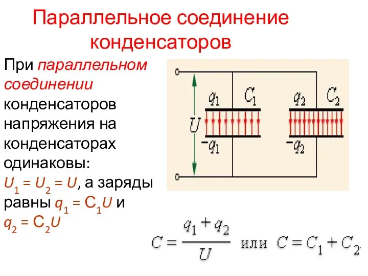 Параллельное соединение конденсаторов При параллельном соединении конденсаторов напряжения на конденсаторах