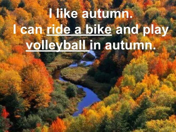 I like autumn. I can ride a bike and play volleyball in autumn.