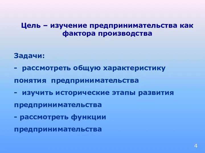 Цель – изучение предпринимательства как фактора производства Задачи: - рассмотреть