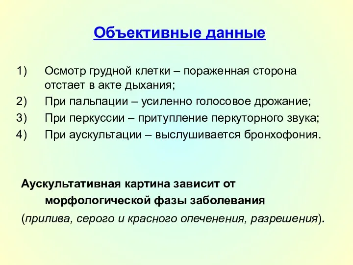 Объективные данные Осмотр грудной клетки – пораженная сторона отстает в