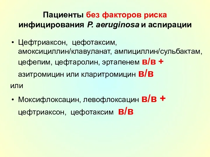 Пациенты без факторов риска инфицирования P. aeruginosa и аспирации Цефтриаксон,