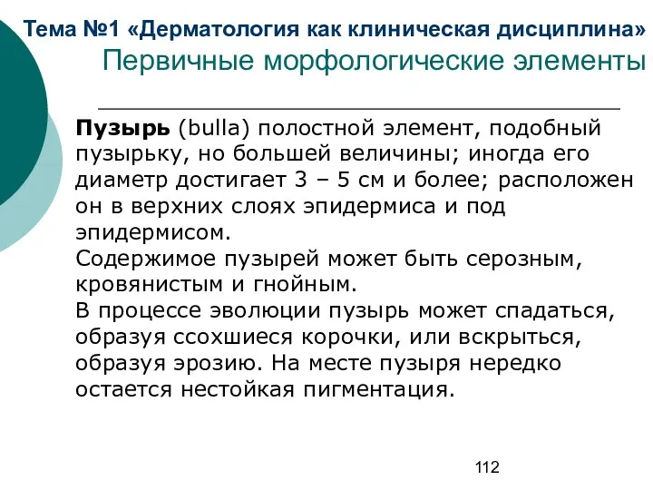 Тема №1 «Дерматология как клиническая дисциплина» Первичные морфологические элементы Пузырь