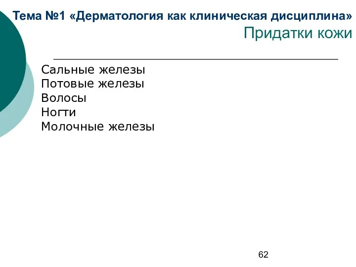 Тема №1 «Дерматология как клиническая дисциплина» Придатки кожи Сальные железы Потовые железы Волосы Ногти Молочные железы