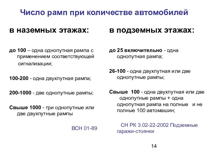 Число рамп при количестве автомобилей в наземных этажах: до 100