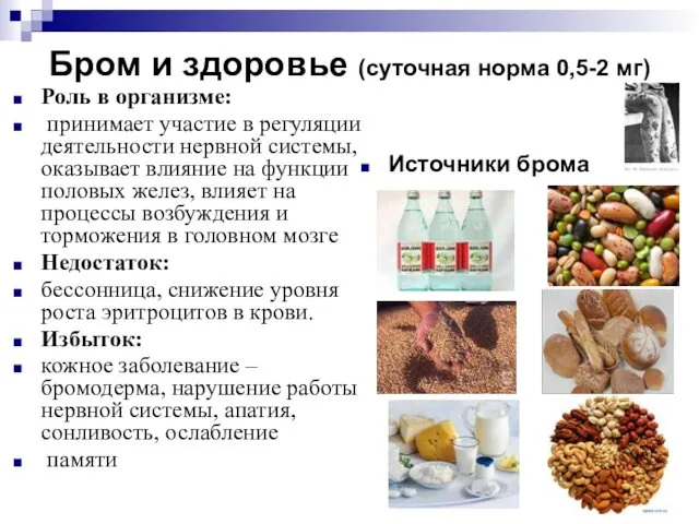 Бром и здоровье (суточная норма 0,5-2 мг) Роль в организме: