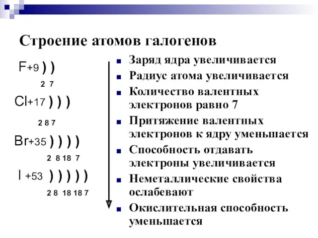 Строение атомов галогенов F+9 ) ) 2 7 Cl+17 )