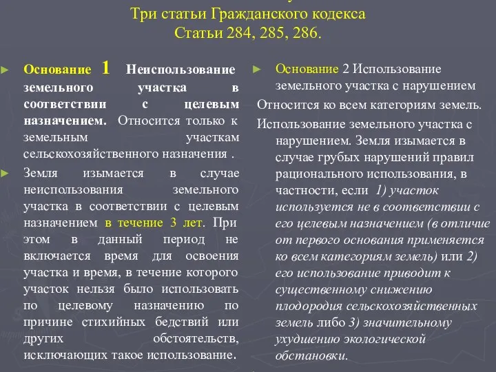 Изъятие земельных участков Три статьи Гражданского кодекса Статьи 284, 285,