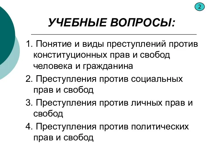 УЧЕБНЫЕ ВОПРОСЫ: 1. Понятие и виды преступлений против конституционных прав и свобод человека