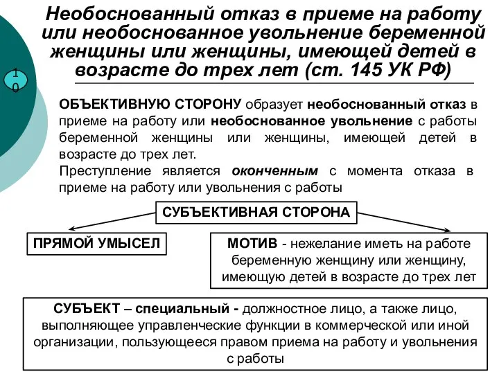 Необоснованный отказ в приеме на работу или необоснованное увольнение беременной женщины или женщины,