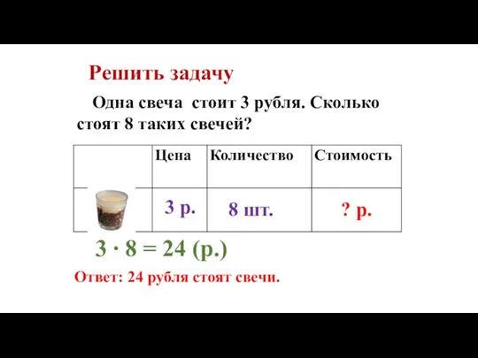 Решить задачу Одна свеча стоит 3 рубля. Сколько стоят 8