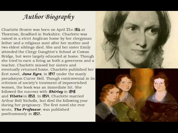 Author Biography Charlotte Bronte was born on April 21st 1816 at Thornton, Bradford