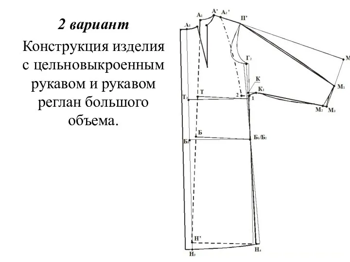 2 вариант Конструкция изделия с цельновыкроенным рукавом и рукавом реглан большого объема.