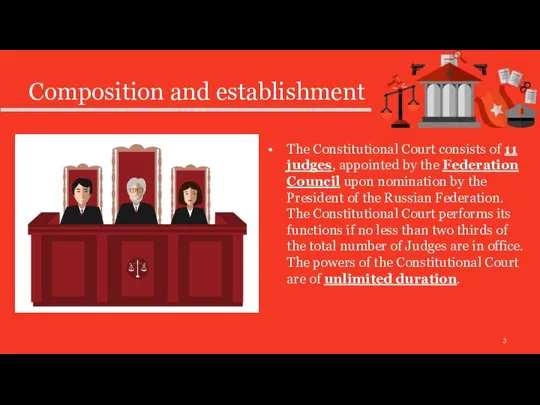 Composition and establishment The Constitutional Court consists of 11 judges,
