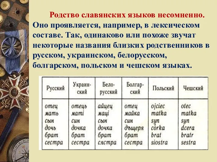 Родство славянских языков несомненно. Оно проявляется, например, в лексическом составе.