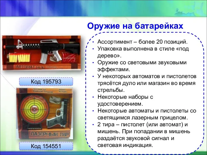 Оружие на батарейках Код 195793 Код 154551 Ассортимент – более