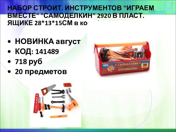 НАБОР СТРОИТ. ИНСТРУМЕНТОВ "ИГРАЕМ ВМЕСТЕ" "САМОДЕЛКИН" 2920 В ПЛАСТ. ЯЩИКЕ