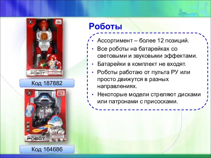 Роботы Код 164686 Ассортимент – более 12 позиций. Все роботы