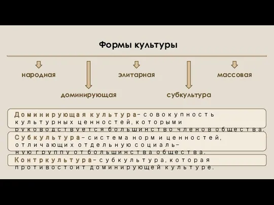 Формы культуры народная элитарная массовая доминирующая субкультура Доминирующая культура –