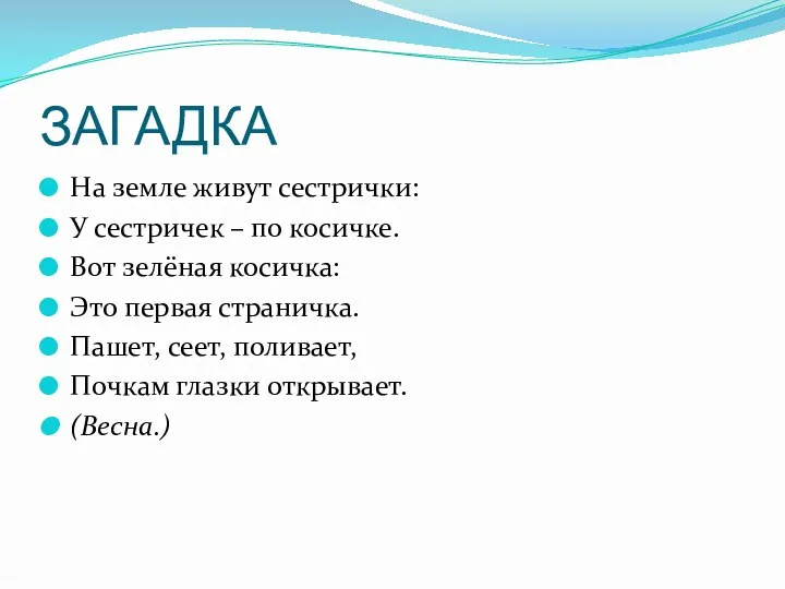 ЗАГАДКА На земле живут сестрички: У сестричек – по косичке.