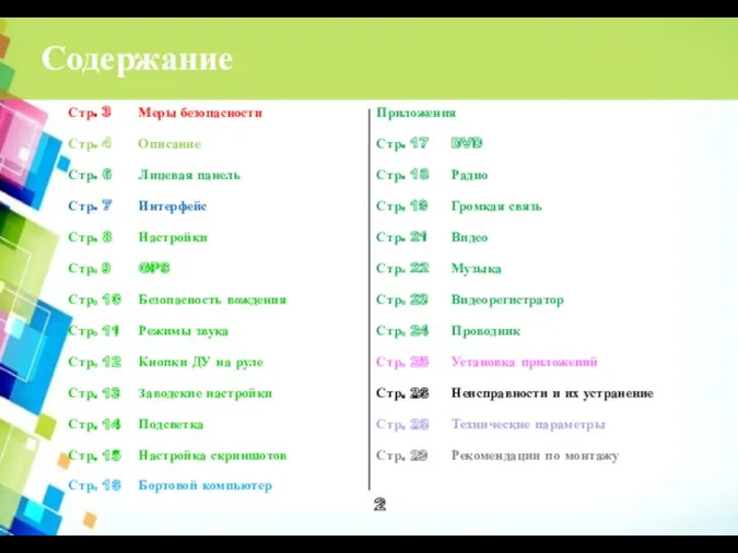 Стр. 3 Меры безопасности Стр. 4 Описание Стр. 6 Лицевая