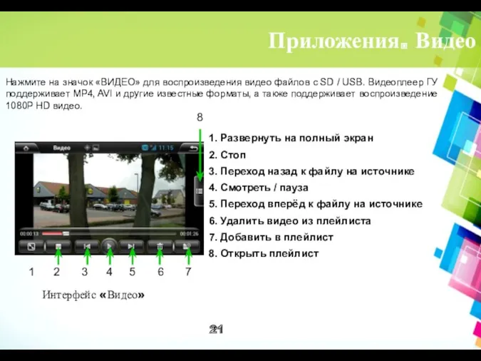 Приложения. Видео Нажмите на значок «ВИДЕО» для воспроизведения видео файлов