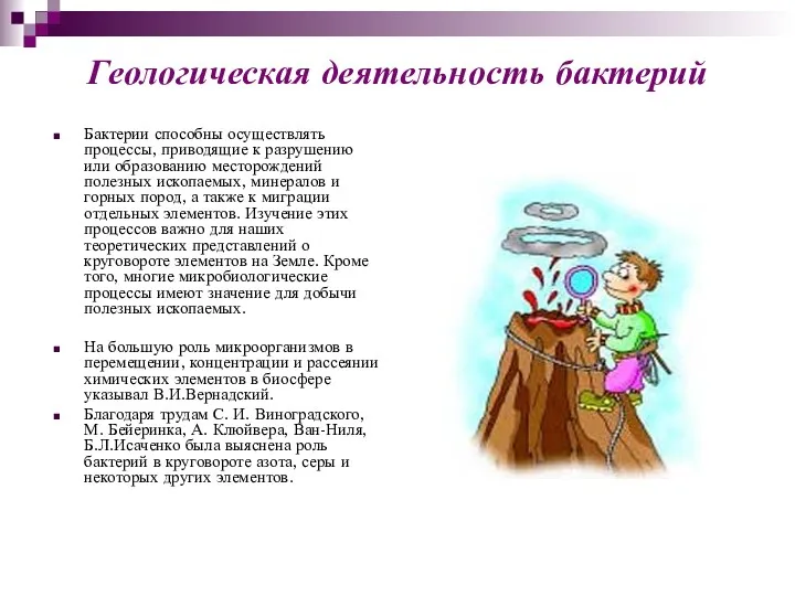 Геологическая деятельность бактерий Бактерии способны осуществлять процессы, приводящие к разрушению