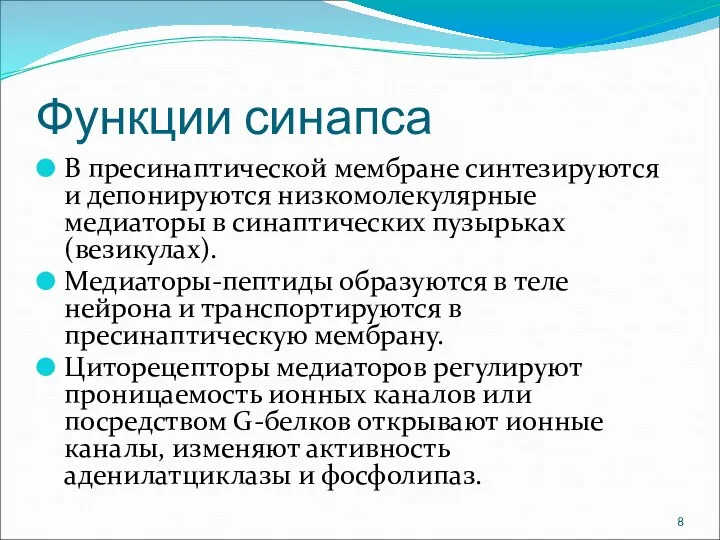 Функции синапса В пресинаптической мембране синтезируются и депонируются низкомолекулярные медиаторы