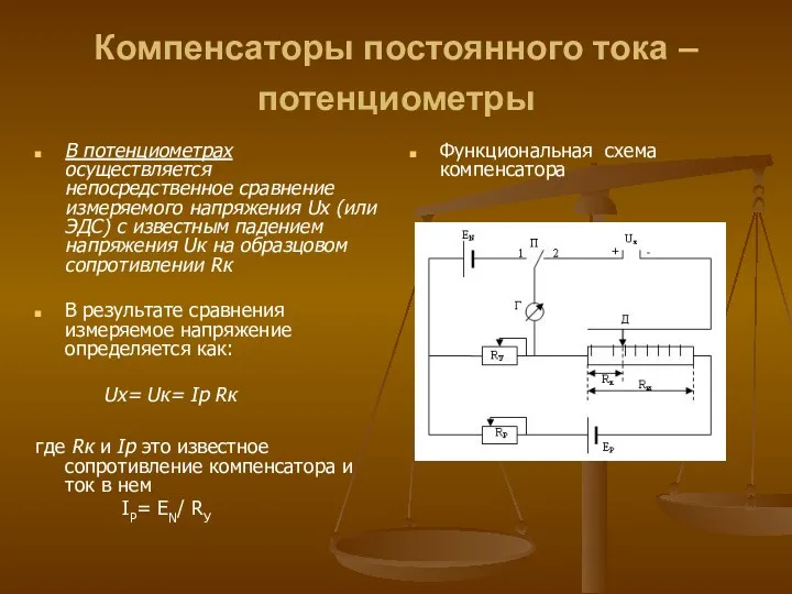 Компенсаторы постоянного тока – потенциометры В потенциометрах осуществляется непосредственное сравнение