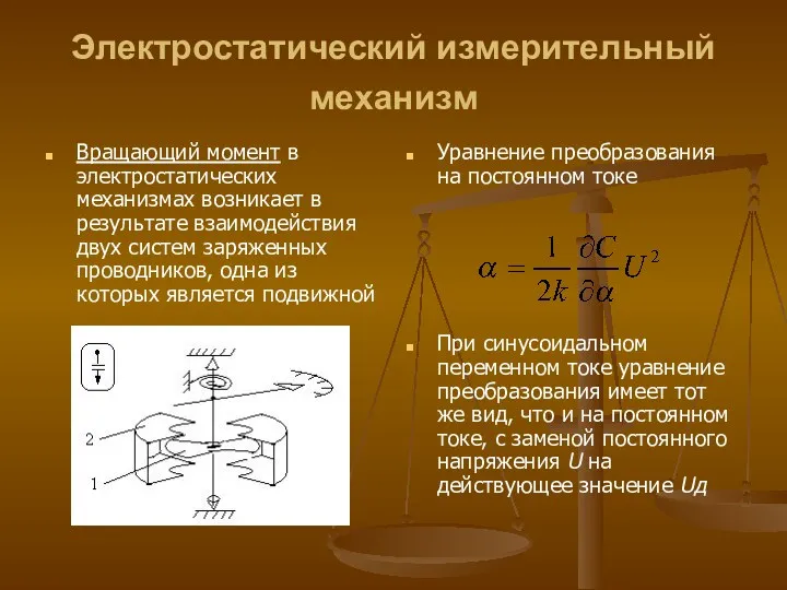 Электростатический измерительный механизм Вращающий момент в электростатических механизмах возникает в